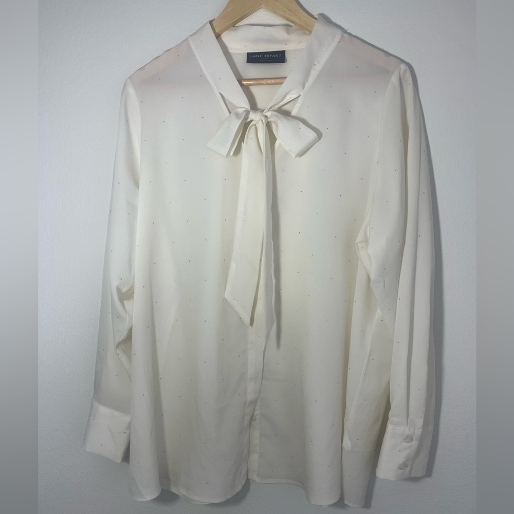 Lane Bryant NWOT Blouse with Bow & Gold dots.